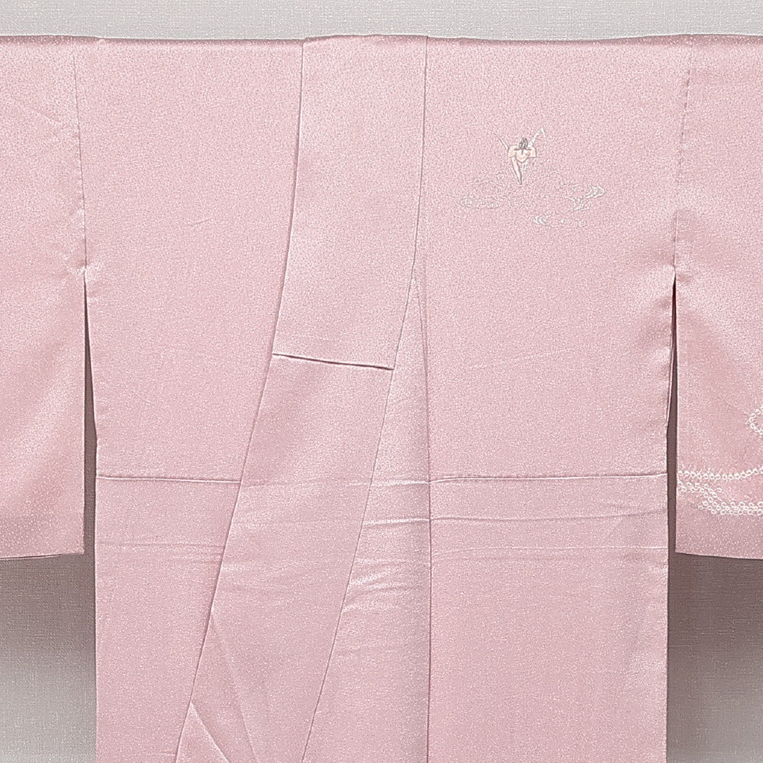 訪問着 袷 絞り 身丈154cm 裄丈65cm Aランク 正絹 広衿 Sサイズ セミフォーマル 蘇州刺繍 流水 杜若 可憐 しとやか ピンク系 1212-14387