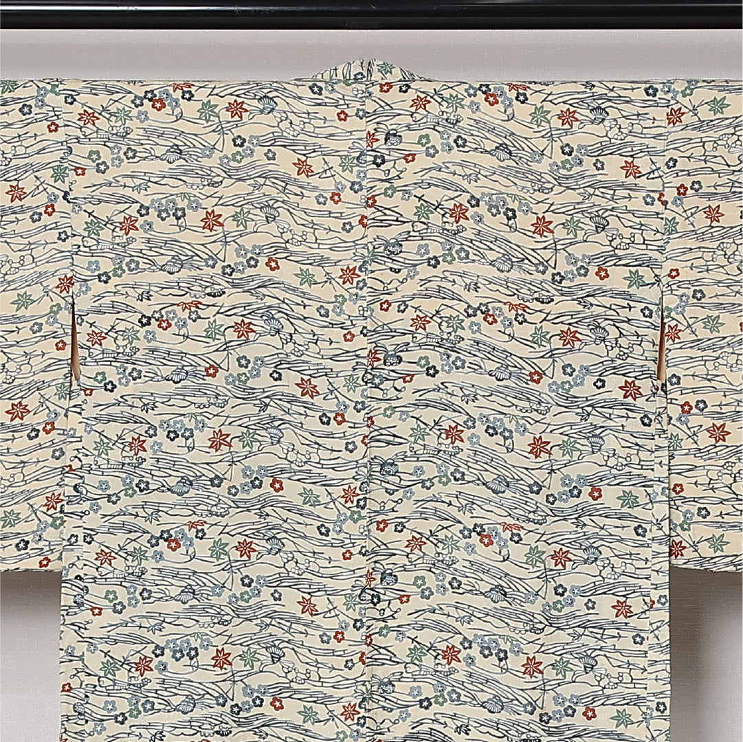 羽織 袷 身丈83cm 裄丈63cm 正絹 Aランク カジュアル Sサイズ 紐あり 梅 紅葉 クリーム系 RP 1232-12793