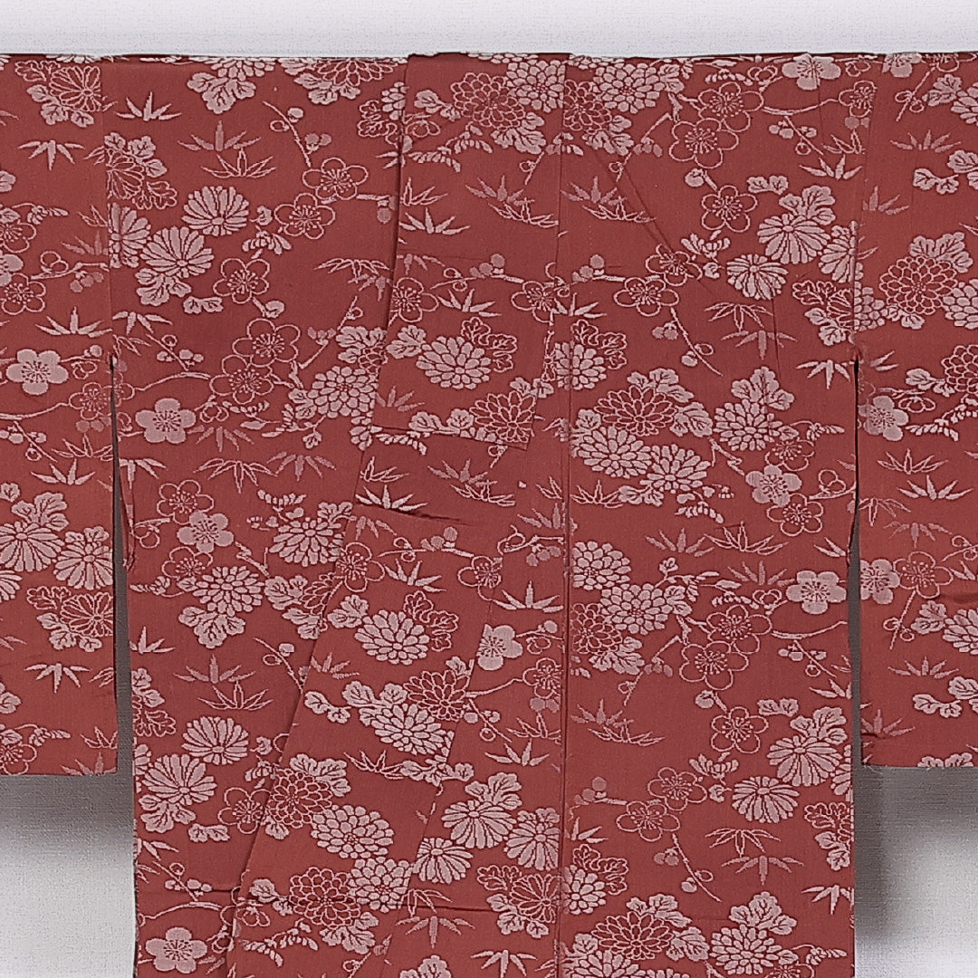 お召 身丈149cm 裄丈63.5cm XS 正絹 Bランク 単衣 広衿 菊 梅 笹 1265-11026