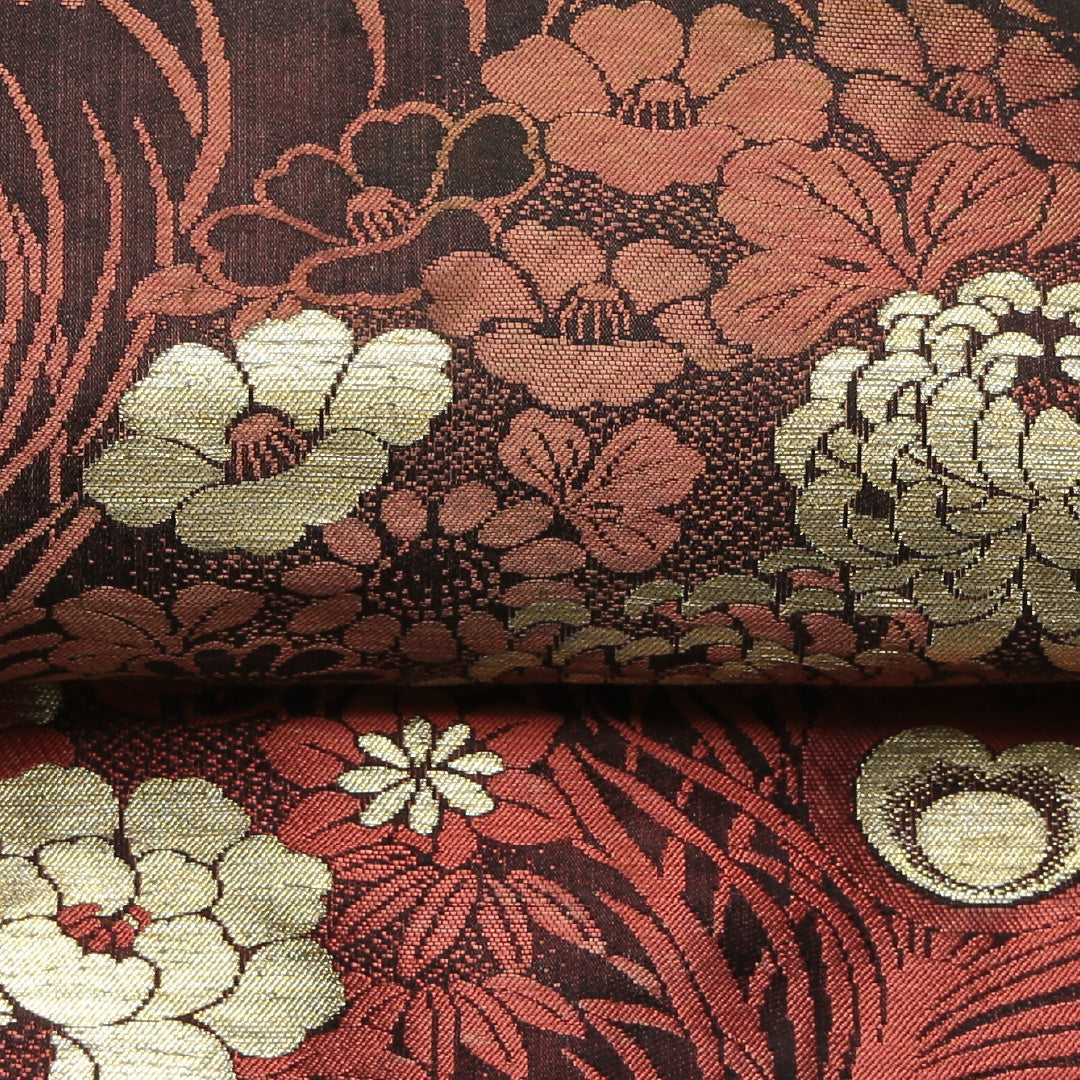 アンティーク 九寸名古屋帯 Aランク 帯丈317cm 正絹 六通 名古屋仕立て 織り 唐草 牡丹 黒系 M4 1245-01792