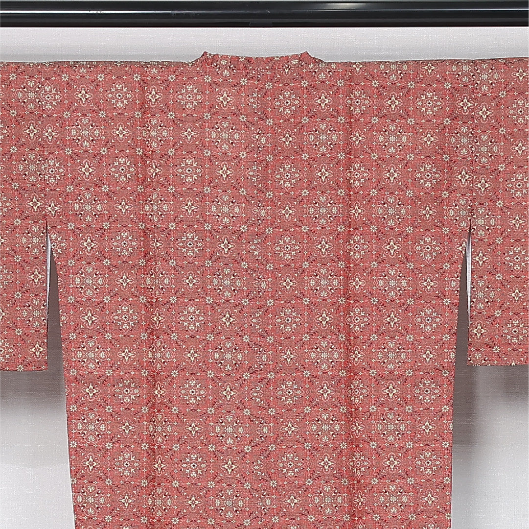 道行コート (お召) 袷 身丈82cm 裄丈64cm 正絹 Sランク セミフォーマル Mサイズ ポケットあり 宝相華 格子 赤系 RP 1237-12094