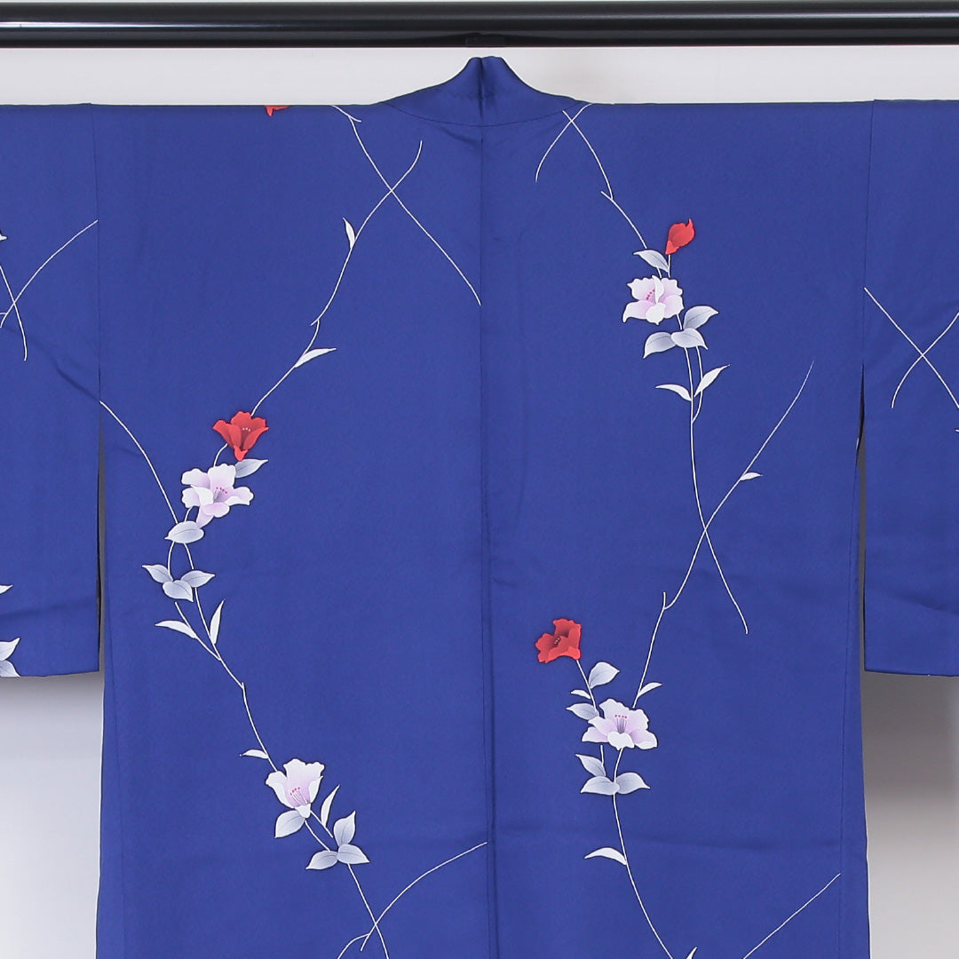 羽織 袷 身丈82cm 裄丈65cm 正絹 Sランク Mサイズ カジュアル 紐あり 植物柄 青系 1217-05935