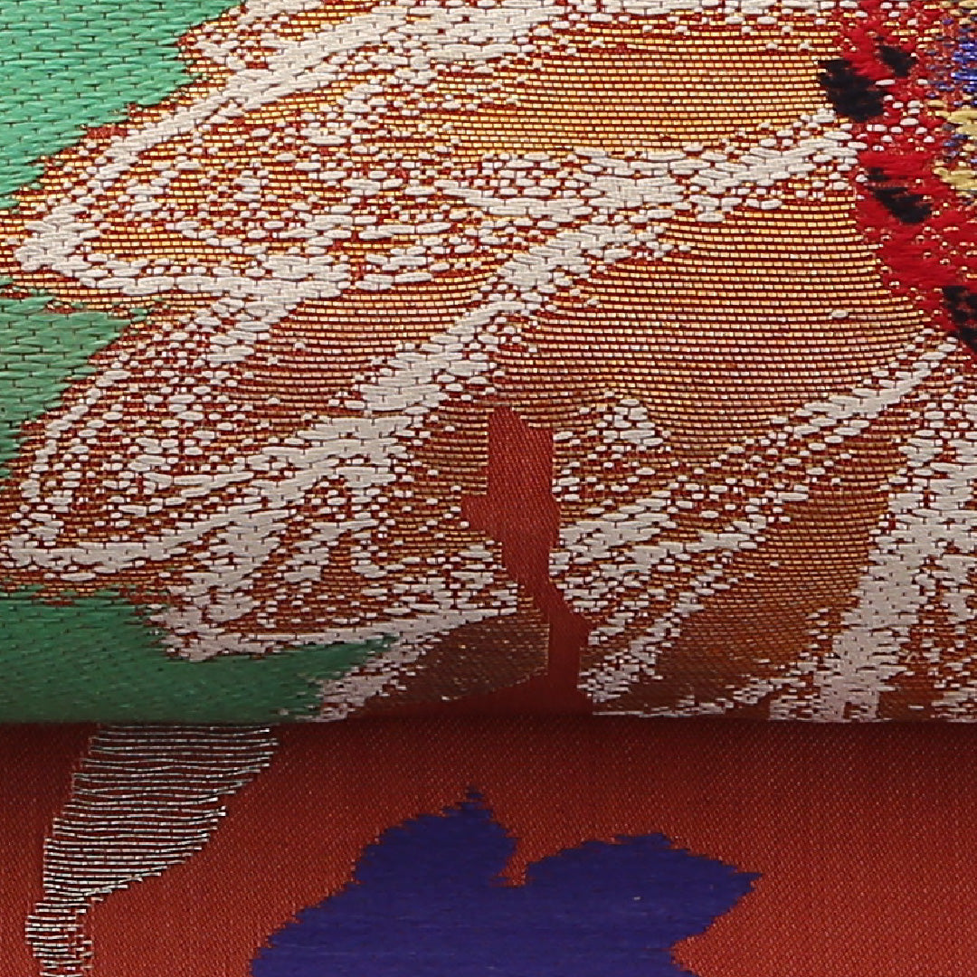 アンティーク 名古屋帯 六通 帯丈327cm Aランク 正絹 すくい織 牡丹 桔梗 蒲公英 赤系 1224-02368