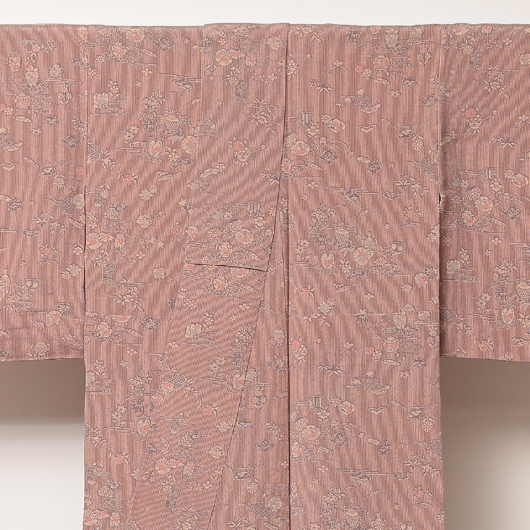 小紋 単衣 身丈151cm 裄60.5cm 正絹 鉄瓶 棗 茶系 ちりめん Sランク 1215-02185