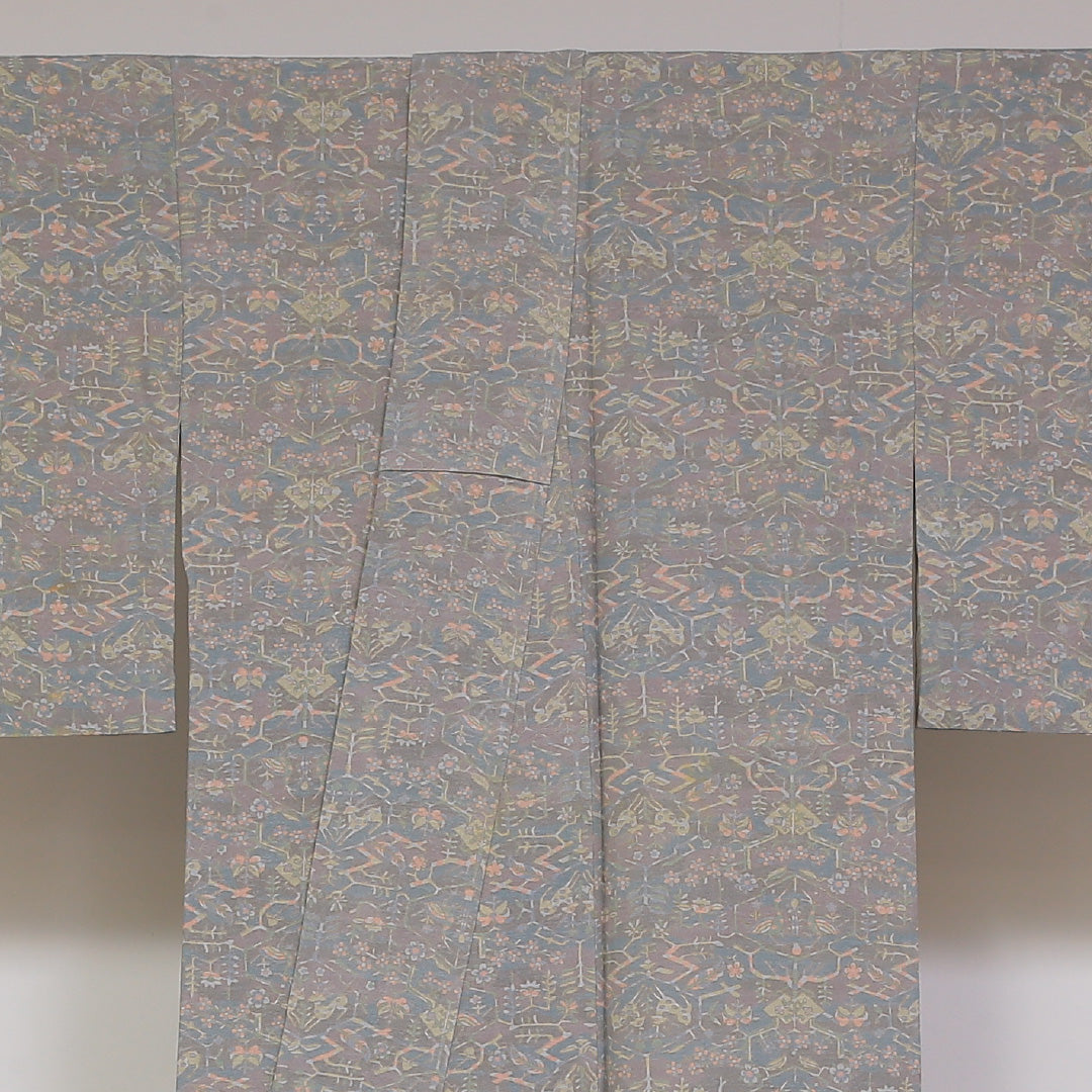 小紋 袷 身丈151cm 裄丈62cm 正絹 Aランク インフォーマル 広衿 Sサイズ 向かい鳥 緑系 RP 1221-01749