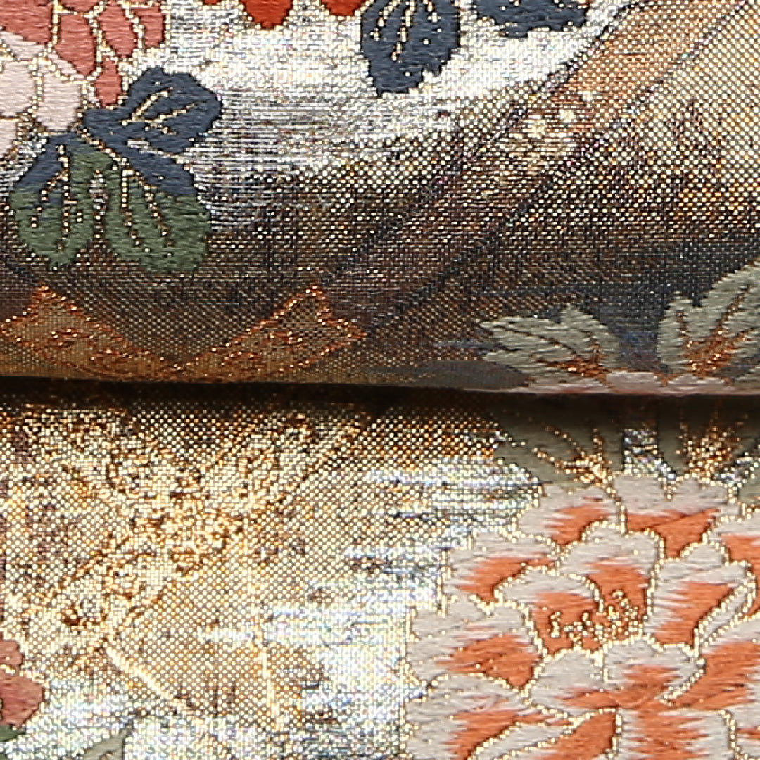 袋帯 帯丈444cm 六通 未仕立て 菊 牡丹 帯芯なし フォーマル 金系 正絹 Aランク 1223-01005