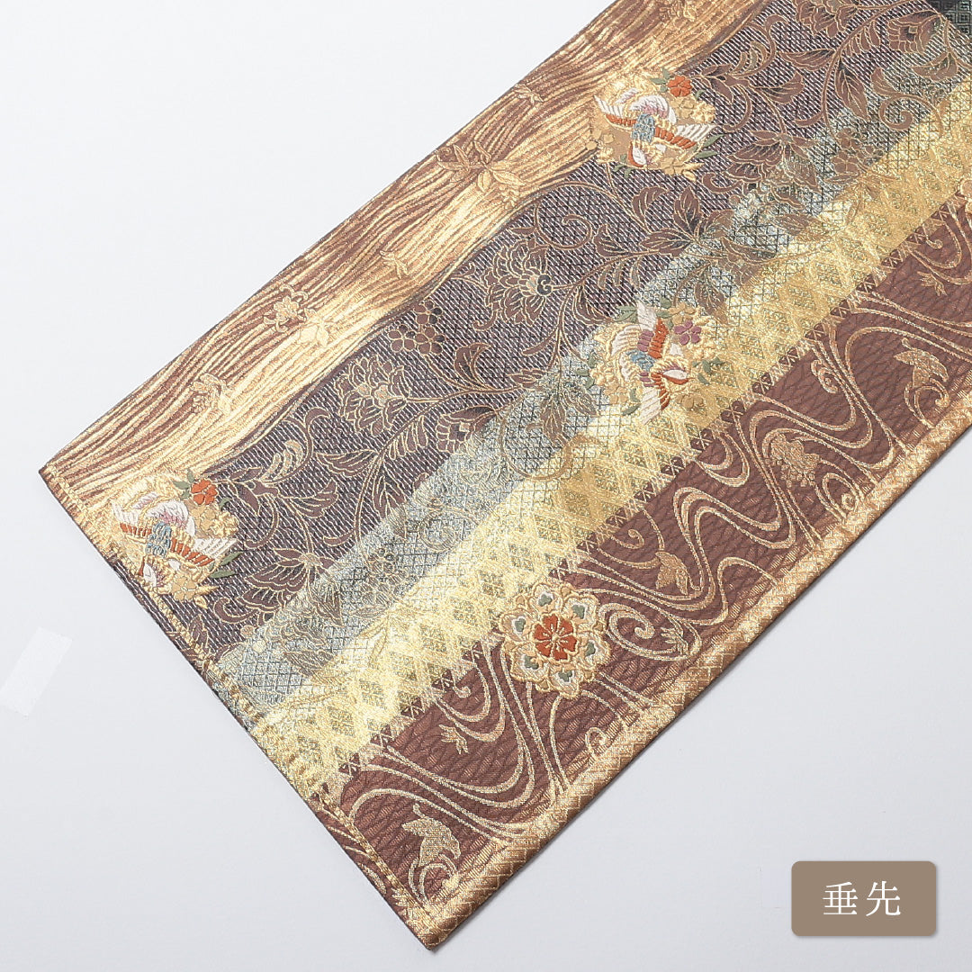 袋帯 帯丈440cm 六通 仕立て上がり フォーマル Sランク 花喰い鳥 金襴 金系 1223-00679-221 1223-00679