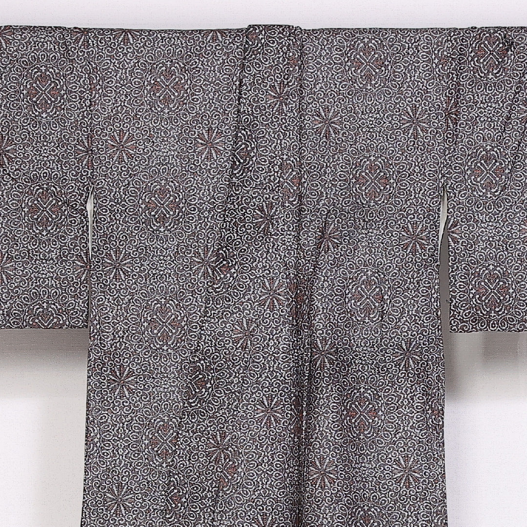 アンティーク 紬 身丈149cm 裄丈62cm Aランク 袷 正絹 バチ衿 宝相華 1216-10096