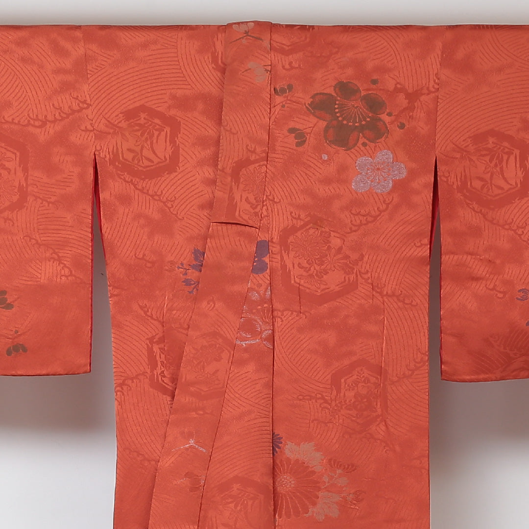 アンティーク 小紋 袷 身丈148cm 裄64.5cm 朱系 花柄 正絹 Bランク 1215-01500-4116