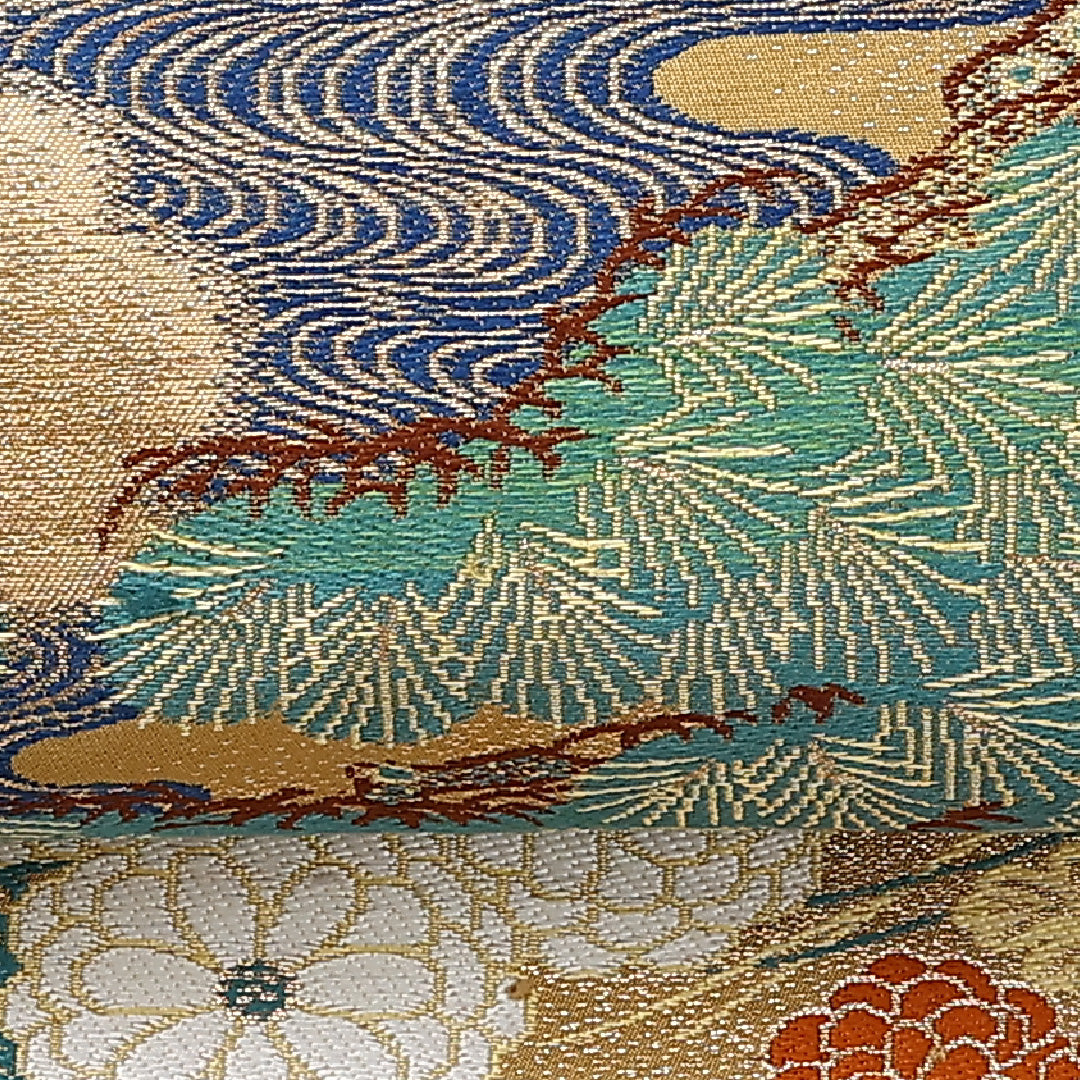 アンティーク 丸帯 帯丈388cm 全通 松 菊 緑系 フォーマル 金系 正絹 Aランク 1223-00985