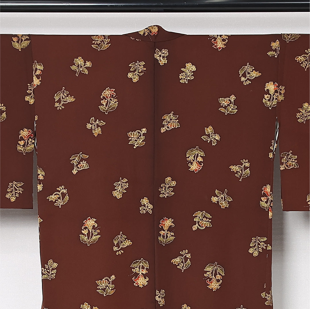 道中着 袷 身丈85cm 裄丈65cm 正絹 Bランク カジュアル Mサイズ 花柄 茶系 RP 1236-12907
