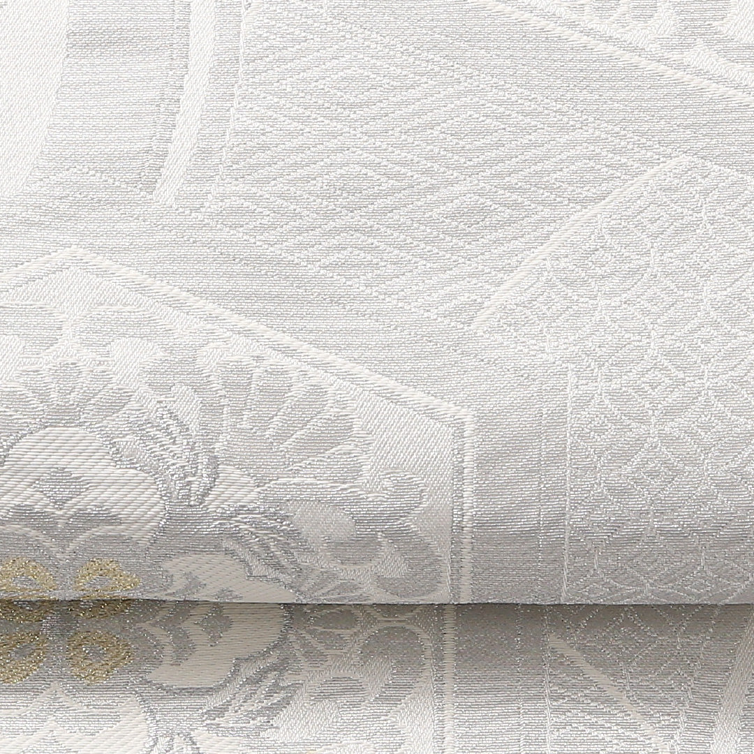 袋帯 帯丈0cm 六通 未仕立て フォーマル Sランク 正絹 花菱亀甲 古典的 気品 銀系 1223-01723
