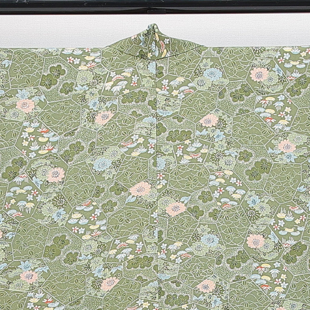 羽織 袷 身丈81cm 裄丈63cm 正絹 Sランク カジュアル Sサイズ 紐あり 松竹梅 緑系 RP 1232-14840
