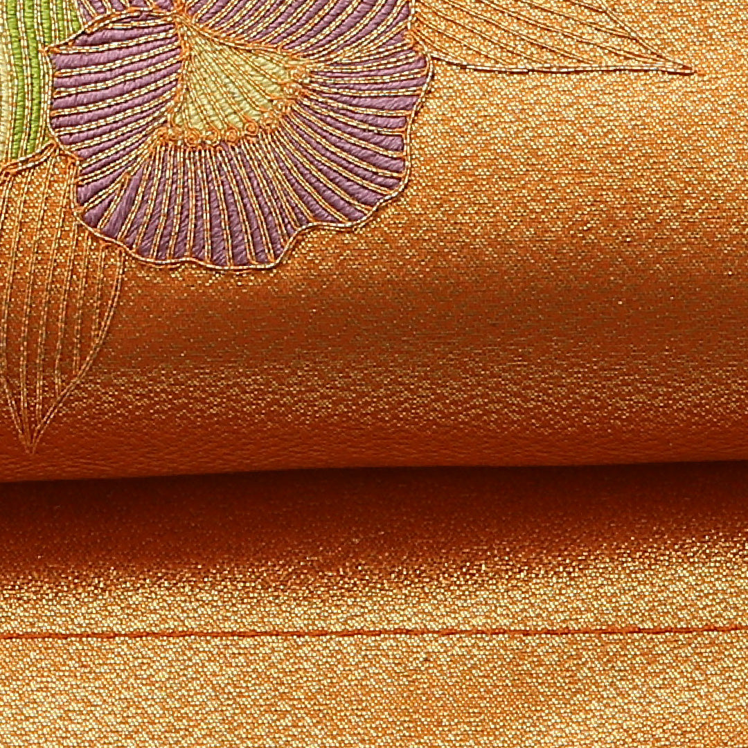 名古屋帯 ポイント柄 帯丈362cm セミフォーマル Sランク 正絹 金駒刺繍 花柄 朱系 1224-02185