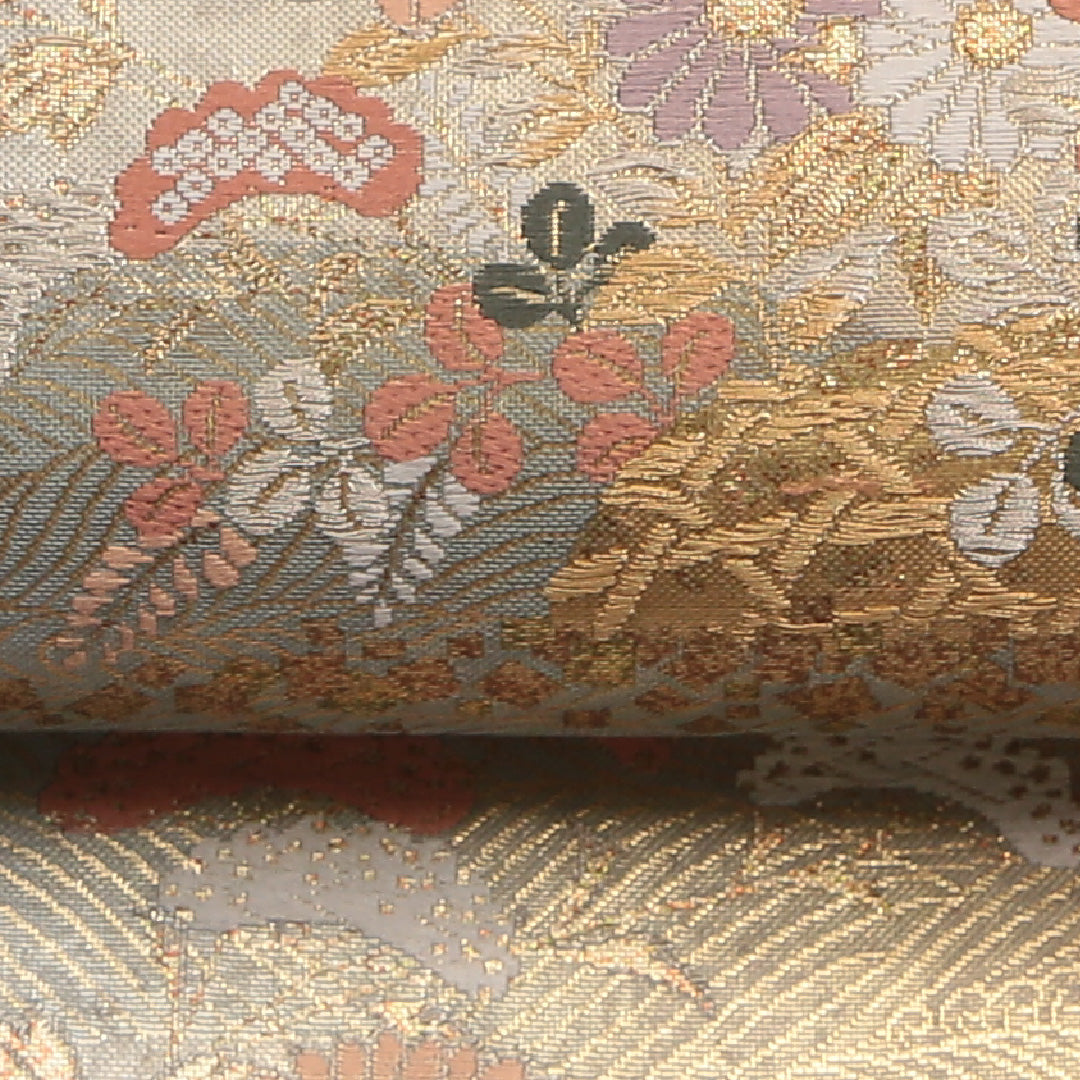 袋帯 帯丈440cm 正絹 六通 フォーマル 琳派 光悦垣 光琳波 四季草花 金系 1243-01458