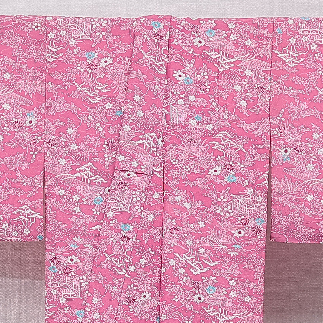 小紋 袷 身丈149cm 裄丈62cm 正絹 Sランク インフォーマル バチ衿 XSサイズ 流水 菊 ピンク系 RP 1221-15617