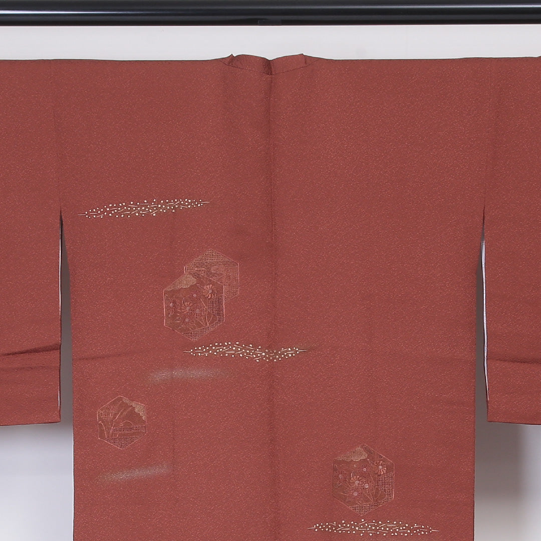 道行コート 袷 身丈91cm 裄丈67cm 正絹 Sランク セミフォーマル Lサイズ 金彩 蘇州刺繍 汕頭刺繍 雲 菊 茶系 RP 1237-05898