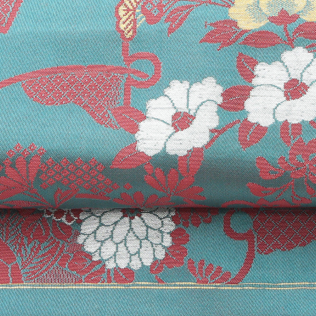 アンティーク 名古屋帯 六通 帯丈330cm Aランク 正絹 吉祥文様 四季草花 雪輪 緑系 1224-02132