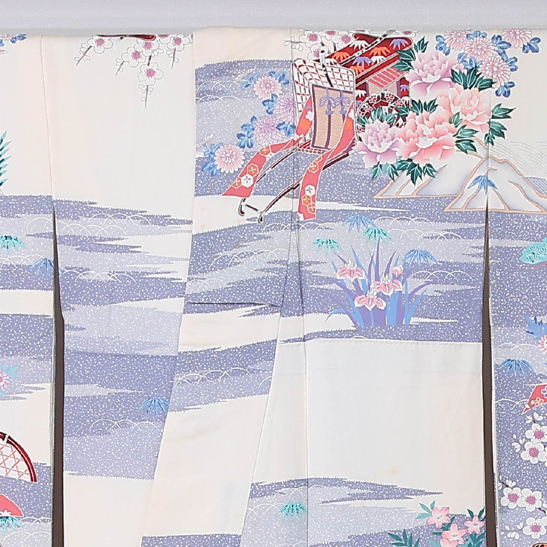 振袖 身丈160cm 裄丈67.5cm Cランク 袷 正絹 S 広衿 御所車 古典柄 菊 牡丹 友禅 菖蒲 白系 1213-F0446
