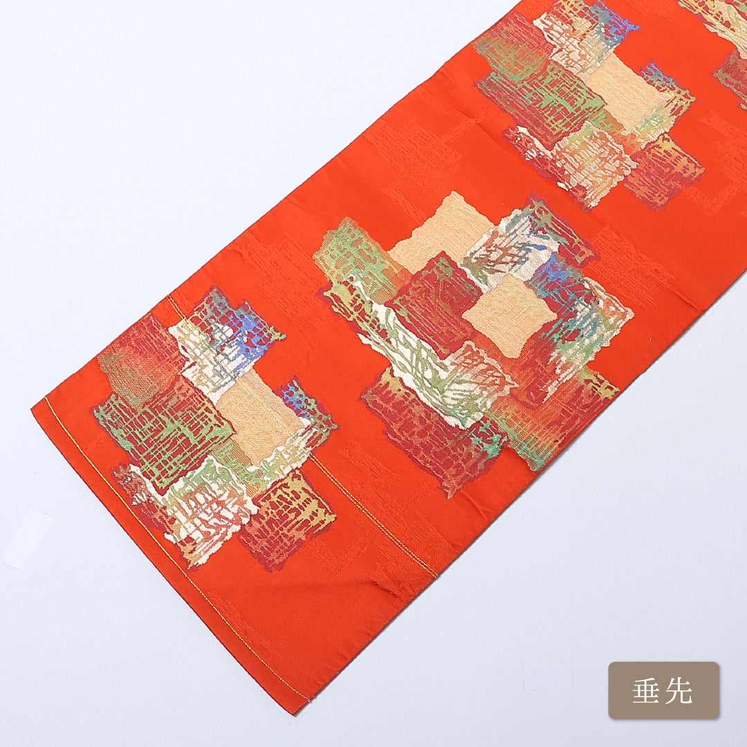 名古屋帯 帯丈360cm 六通 松葉仕立て 正絹 モダン 引箔 カジュアル Sランク 朱系 1224-00823-216 1224-00823