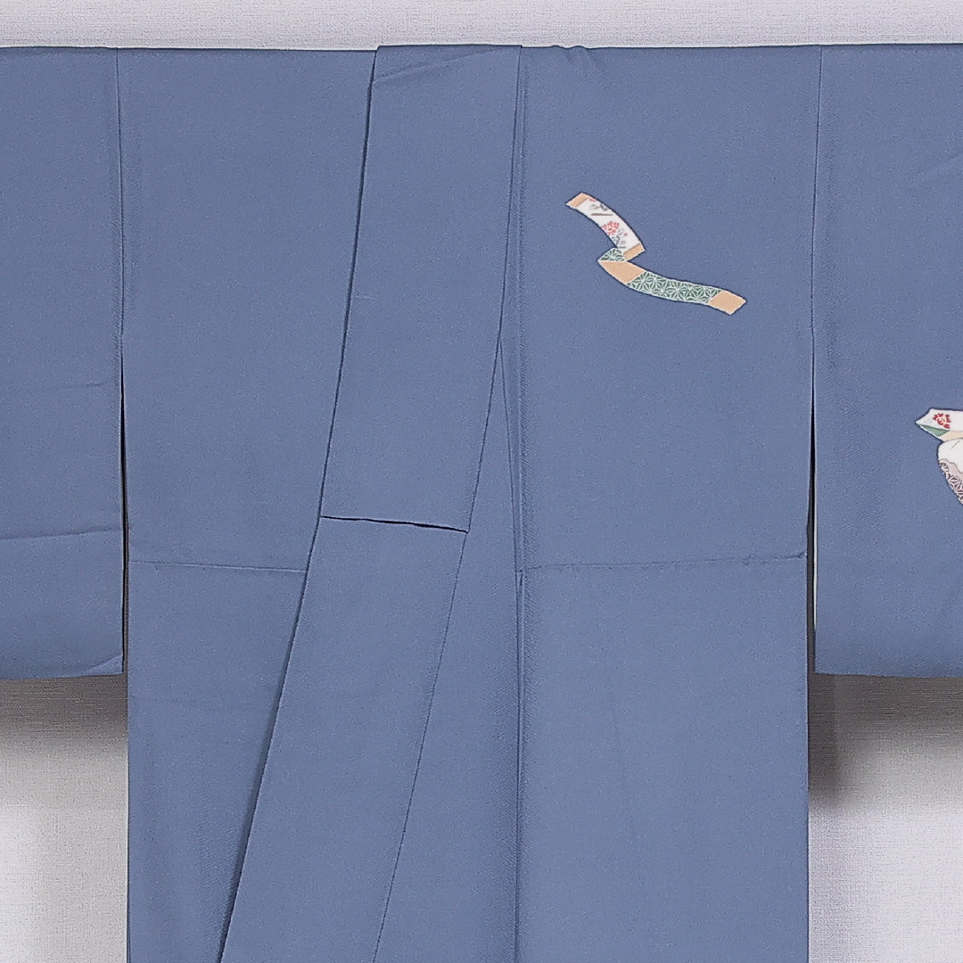 訪問着 袷 身丈154cm 裄丈62cm 正絹 Sランク 紋意匠 (紗綾型) セミフォーマル 広衿 Sサイズ 泰明 落款 几帳 菊 青系 RP 1217-10140