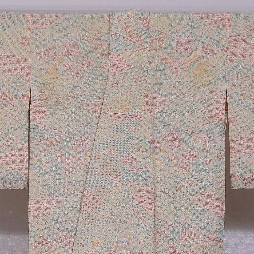 小紋 単衣 身丈155cm 裄丈64cm 正絹 Cランク インフォーマル 広衿 Mサイズ 花園 ベージュ系 LP 1221-11778