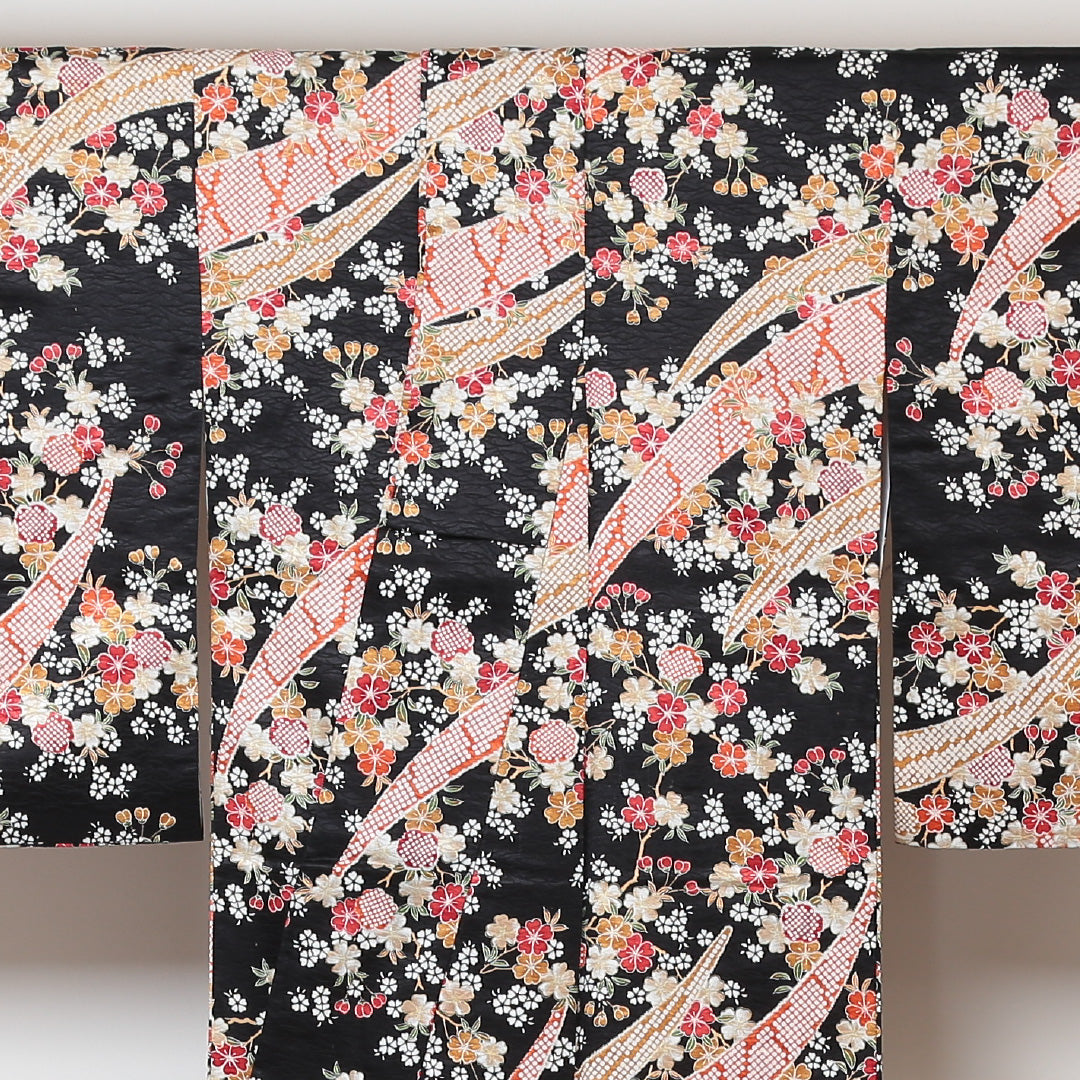 小紋 洗える着物 袷 身丈159cm 裄丈62cm ポリエステル Aランク Mサイズ 広衿 インフォーマル 古典柄 花柄 黒系 ピンク系 1215-01407