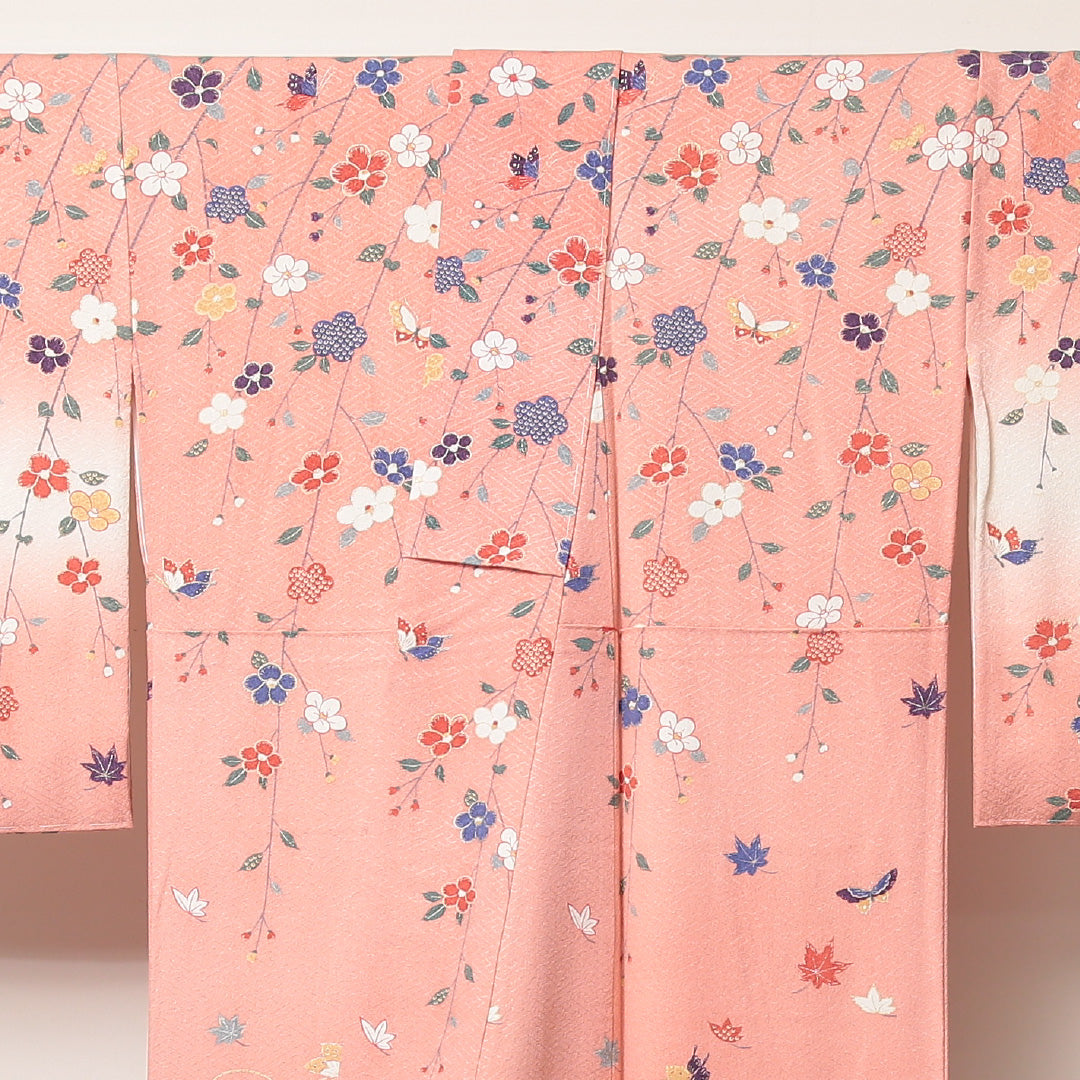 訪問着 袷 身丈165~169cm 裄67cm 正絹 花 蝶 紋意匠 紗綾形 ぼかし ピンク系 しつけ糸 Sランク 1212-00595