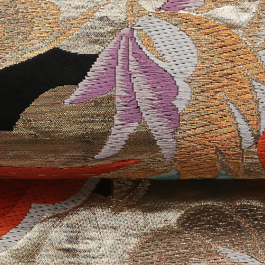 振袖用 袋帯 帯丈418cm 正絹 六通 唐織 宝相華 花鳥文 黒系 1243-01460