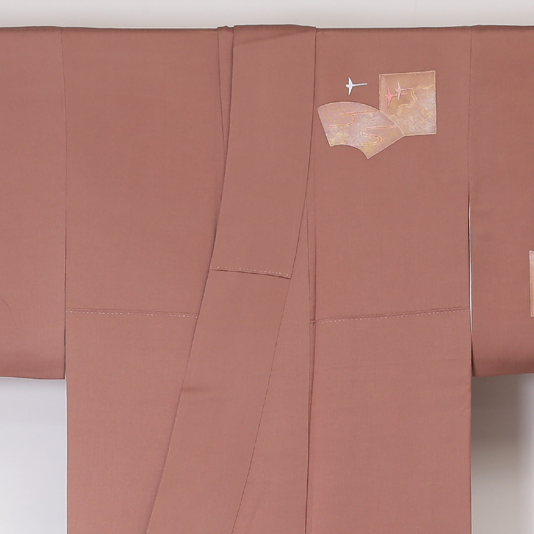 訪問着 袷 身丈156cm 裄丈63cm 正絹 Sランク Mサイズ 広衿 セミフォーマル 鳥 扇 引箔 刺繍 茶系 1212-04487