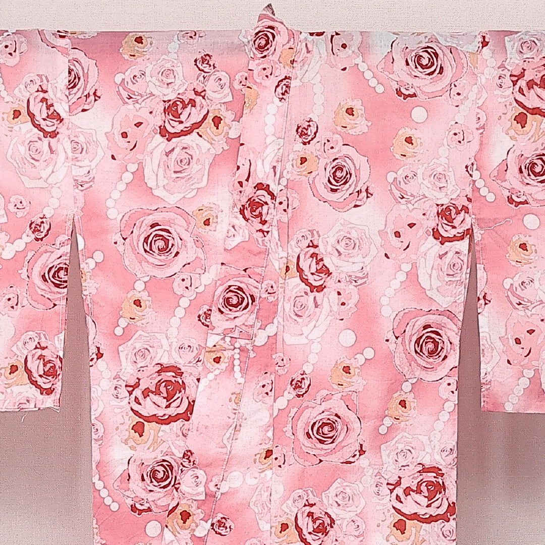浴衣 夏物 洗える着物 身丈160cm 裄丈62cm Sランク 木綿 バチ衿 Lサイズ カジュアル 薔薇 華やか 軽やか ピンク系 1218-14186