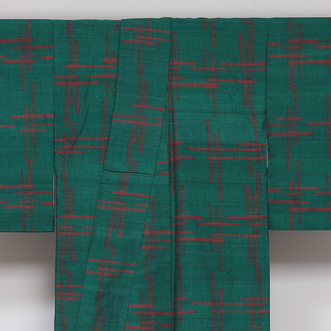 紬(真綿紬) 袷 身丈157cm 裄丈62cm 正絹 Sランク Mサイズ 広衿 カジュアル 創作柄 緑系 1216-03161