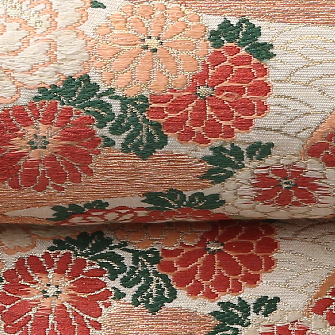 アンティーク 九寸 名古屋帯 帯丈317cm 名古屋仕立て 六通 Cランク 正絹 楼閣 花柄 古典的 格調高い クリーム系 1224-02793