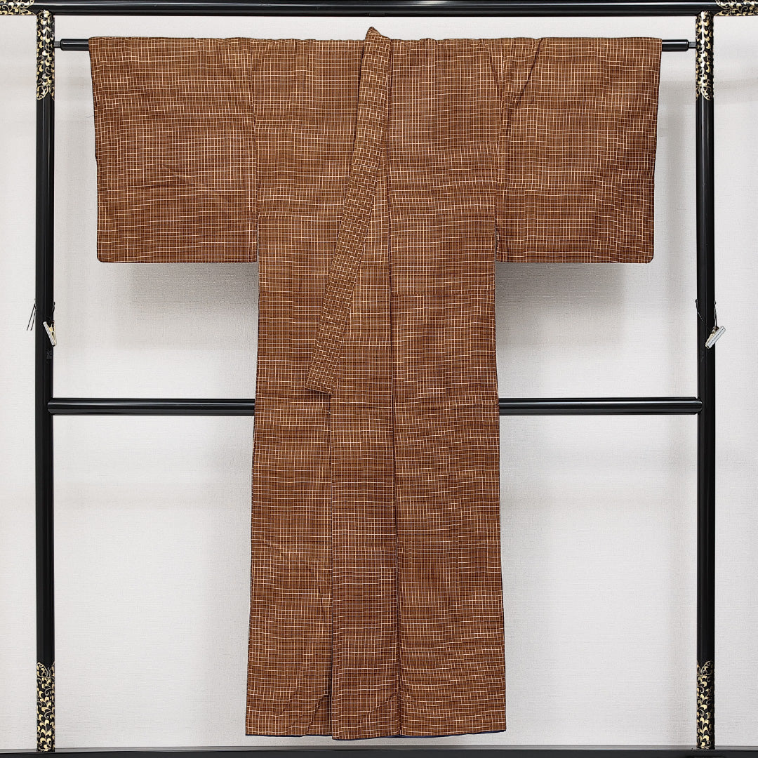 男着物 袷 身丈147cm 裄丈66cm 正絹 Aランク カジュアル 棒衿 Lサイズ 格子 茶系 RP 1224-14582