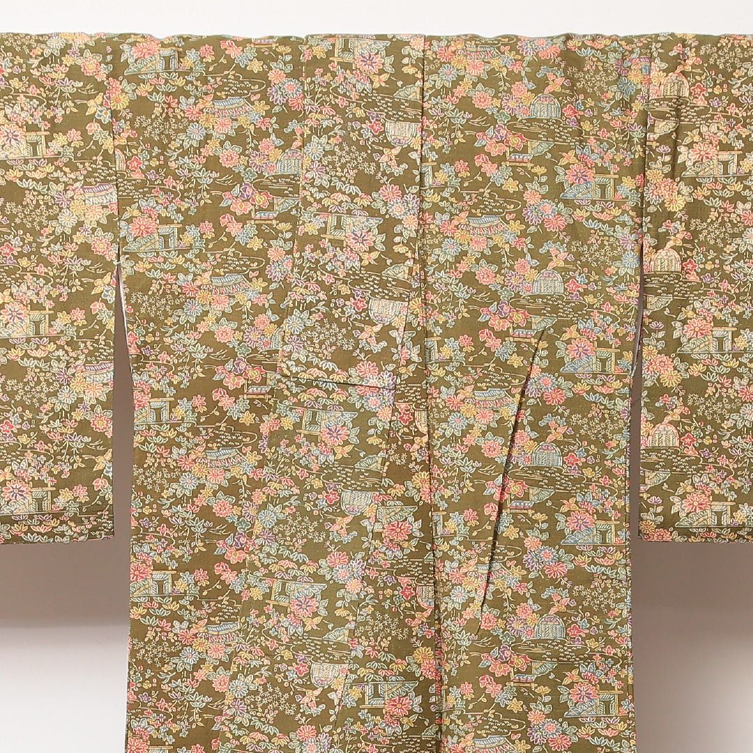 小紋(紬) 袷 身丈159cm 裄丈66cm 正絹 Sランク Mサイズ 広衿 インフォーマル 茶屋辻 緑系 1215-02226