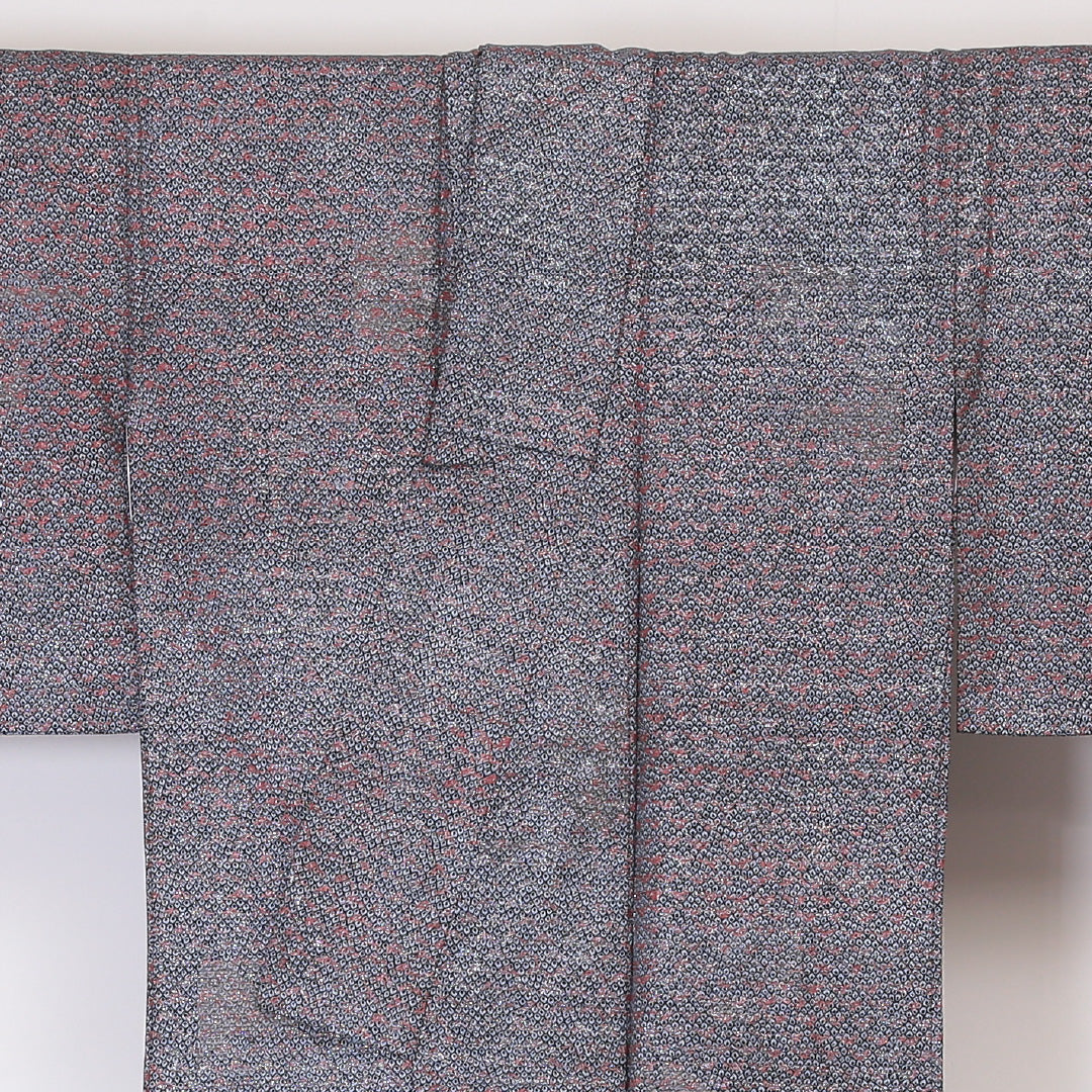 小紋 袷 身丈146cm 裄丈63cm 正絹 Sランク XSサイズ 広衿 インフォーマル 織り出し 笹 黒系 銀系 1215-02042