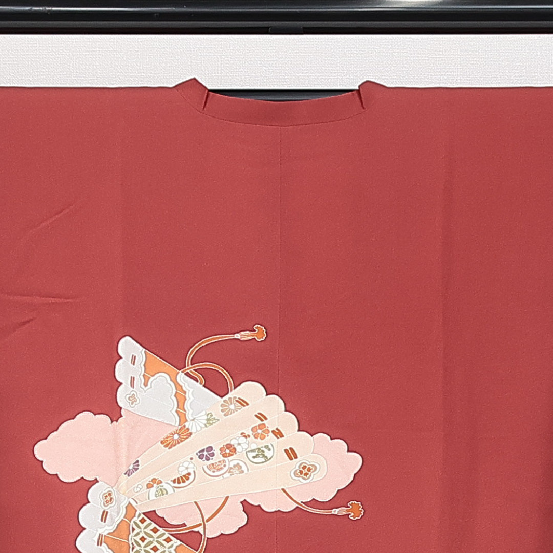 道行コート 袷 身丈89cm 裄丈65cm 正絹 Sランク カジュアル Mサイズ ポケットあり 扇 赤系 RP 1237-14632