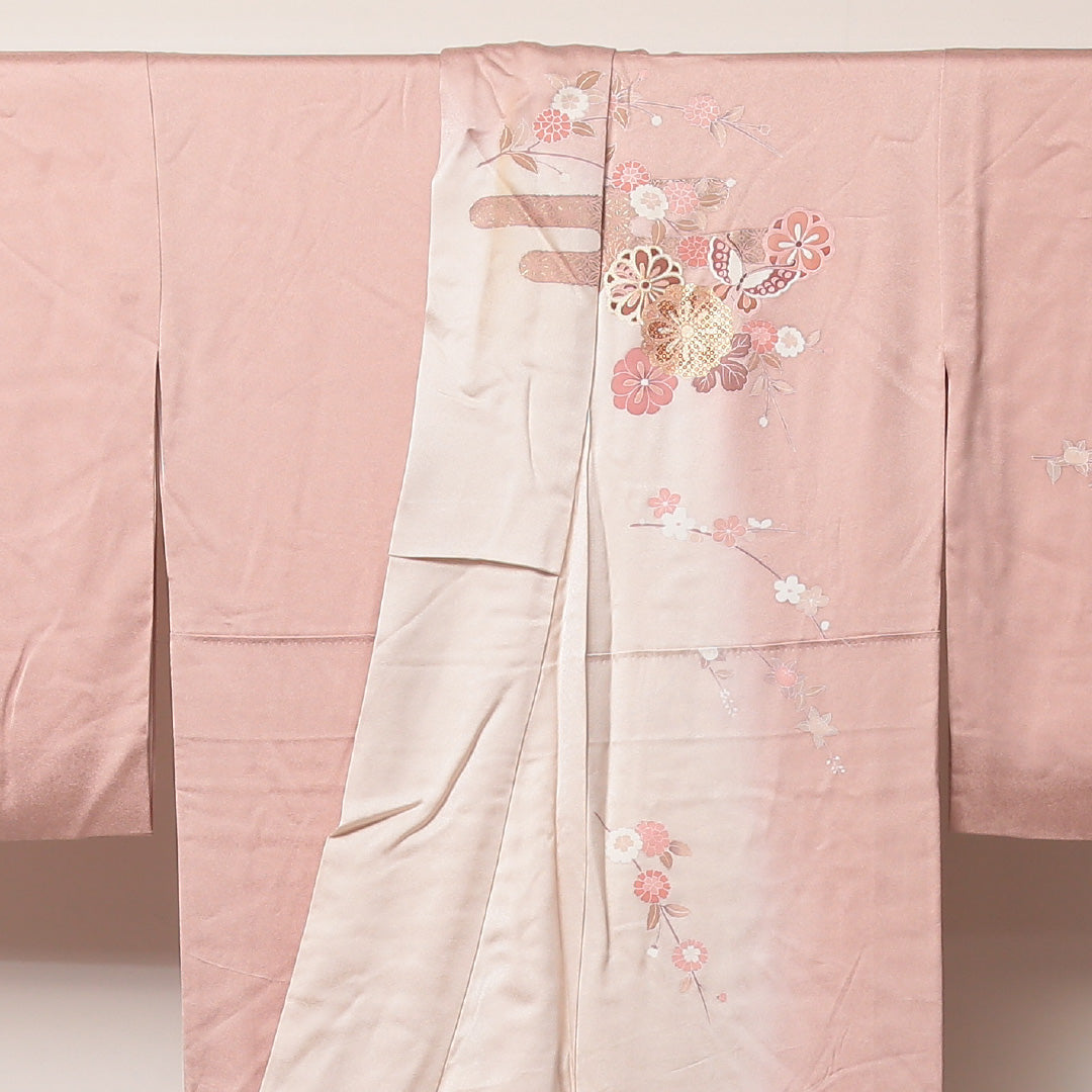 訪問着 袷 身丈155~159cm 裄65cm 正絹 花や蝶 金彩 エ霞 ピンク系 Aランク 1212-00598