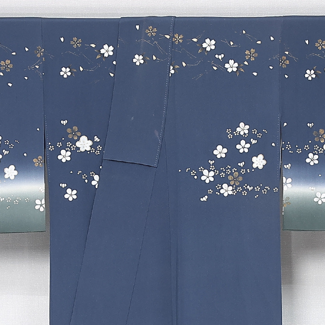 付下げ 身丈156cm 裄丈63cm Bランク M 正絹 袷 広衿 クラシカル 金駒刺繍 ぼかし 菊 桜 梅鉢 インフォーマル 青系 1261-11950