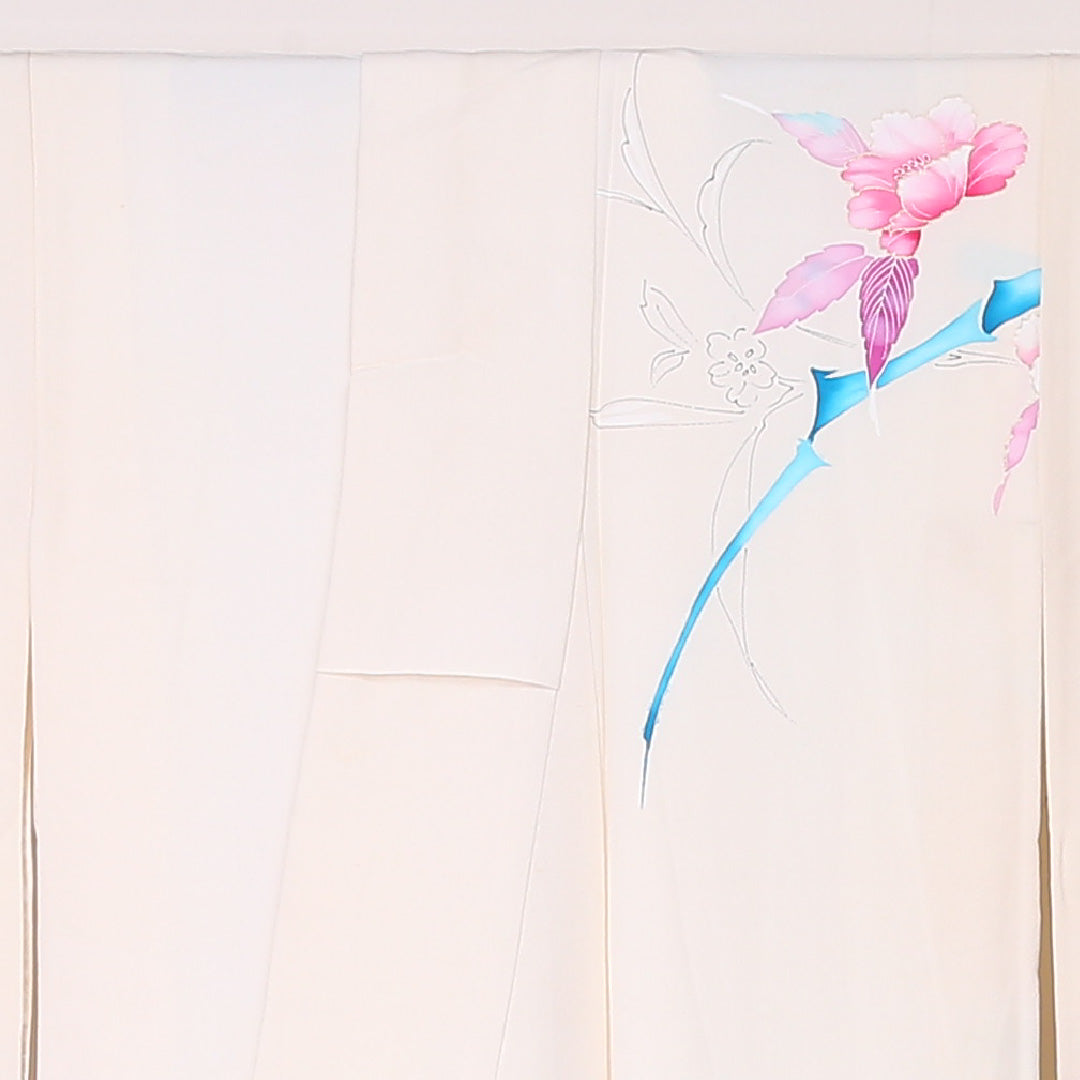 訪問着 袷 身丈161cm 裄丈62cm 正絹 Cランク Lサイズ 広衿 セミフォーマル 牡丹 金駒刺繍 クリーム系 1212-04478