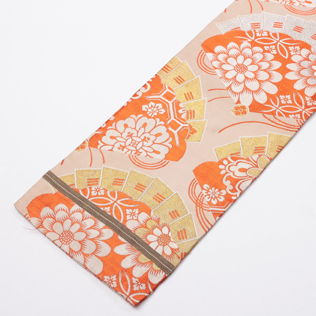 アンティーク 六寸帯 帯丈352cm 全通 小袋帯 七宝 菊 檜扇 正絹 クリーム系 Cランク 1225-000239