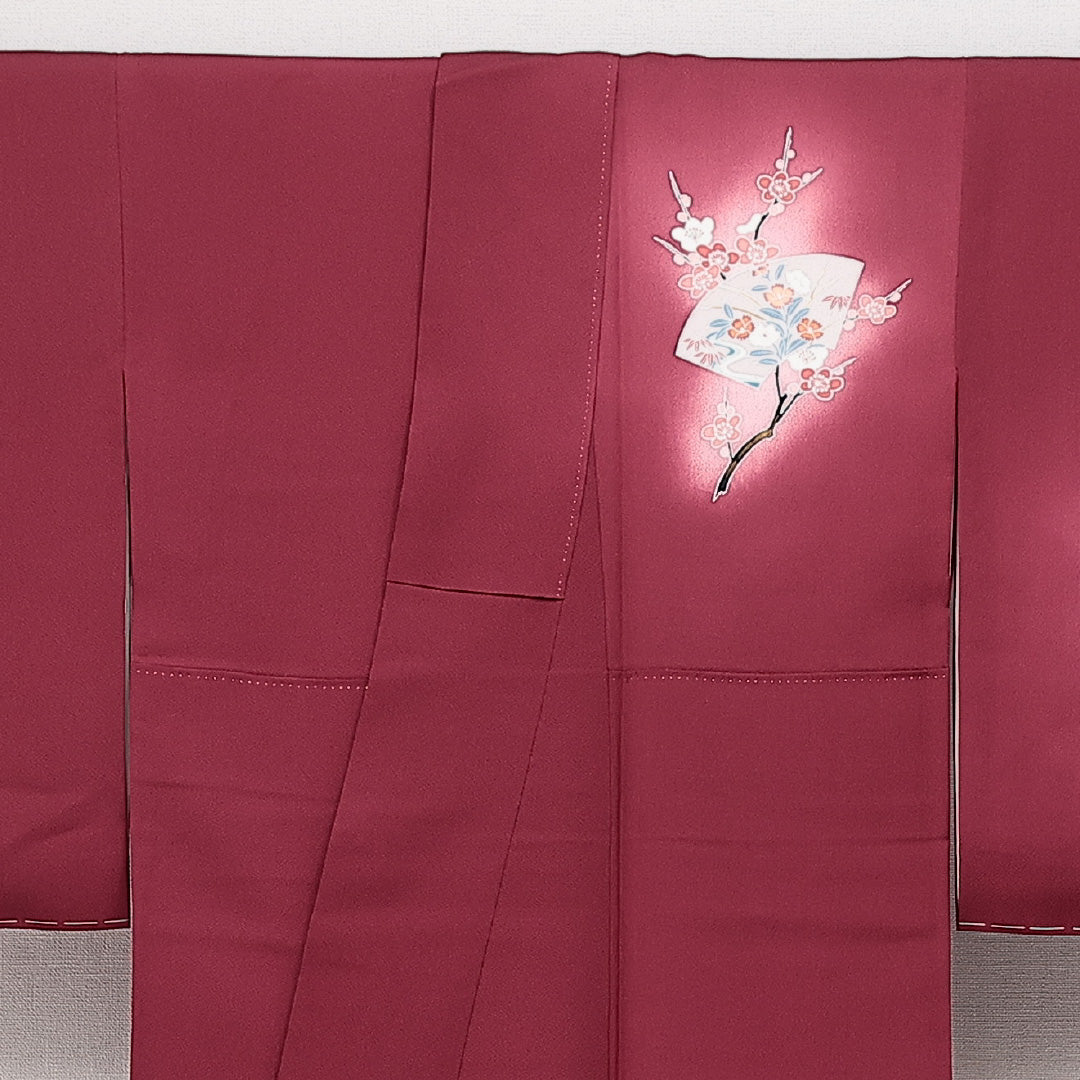未使用品 訪問着 袷 身丈157cm 裄丈62cm 正絹 Nランク セミフォーマル 広衿 Mサイズ しつけ糸 御所車 扇 赤系 M4 1217-14241