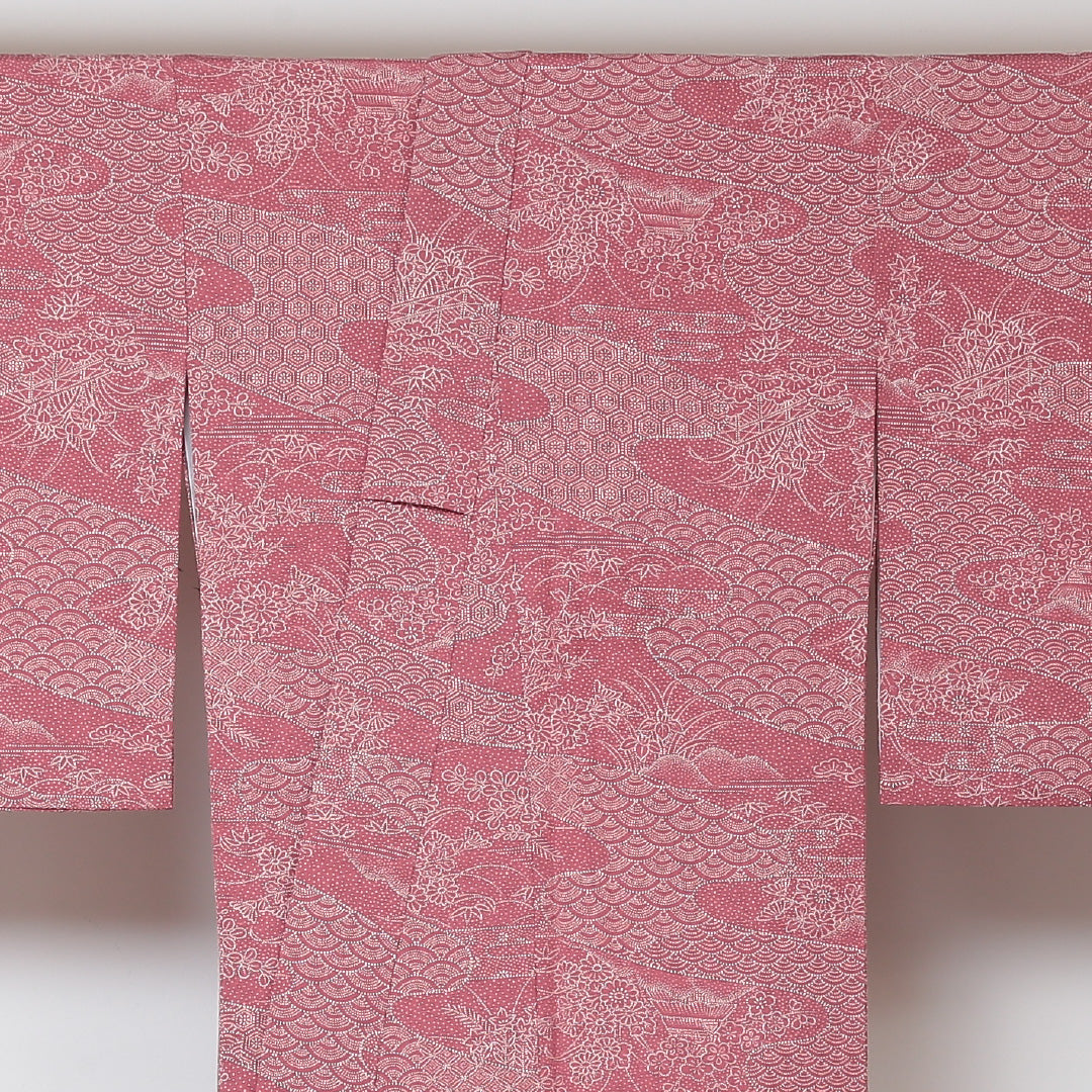 小紋 袷 身丈157cm 裄丈64cm 正絹 Aランク Mサイズ バチ衿 インフォーマル ちりめん 茶屋辻 青海波 ピンク系 1215-01505