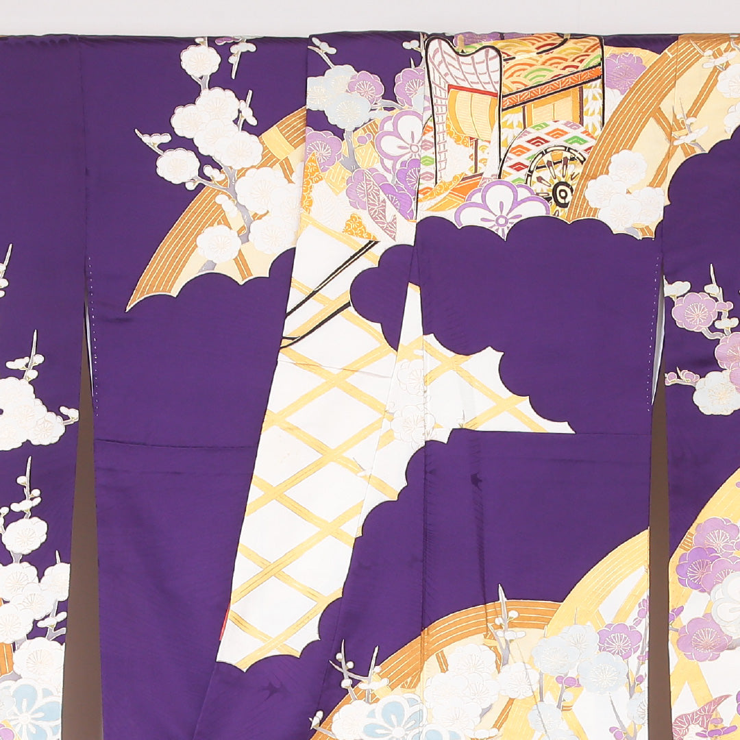 振袖 身丈163cm 裄丈66cm Aランク 袷 正絹 広衿 御所車 吉祥文様 梅 大正ロマン 1213-F0057