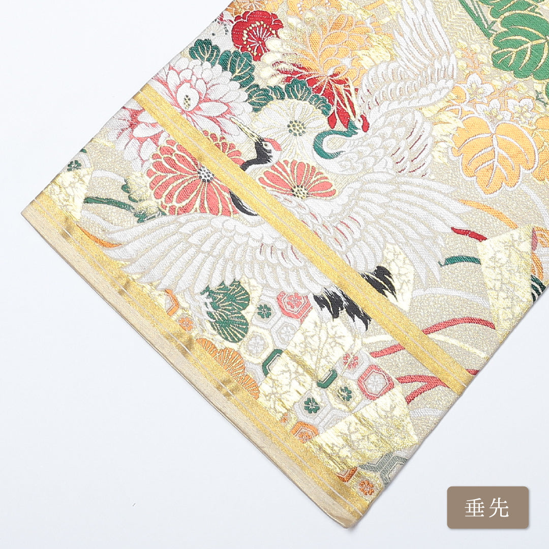 アンティーク 丸帯 帯丈400cm 全通 唐織 吉祥文様 鶴 フォーマル 金系 正絹 Aランク 1223-00581