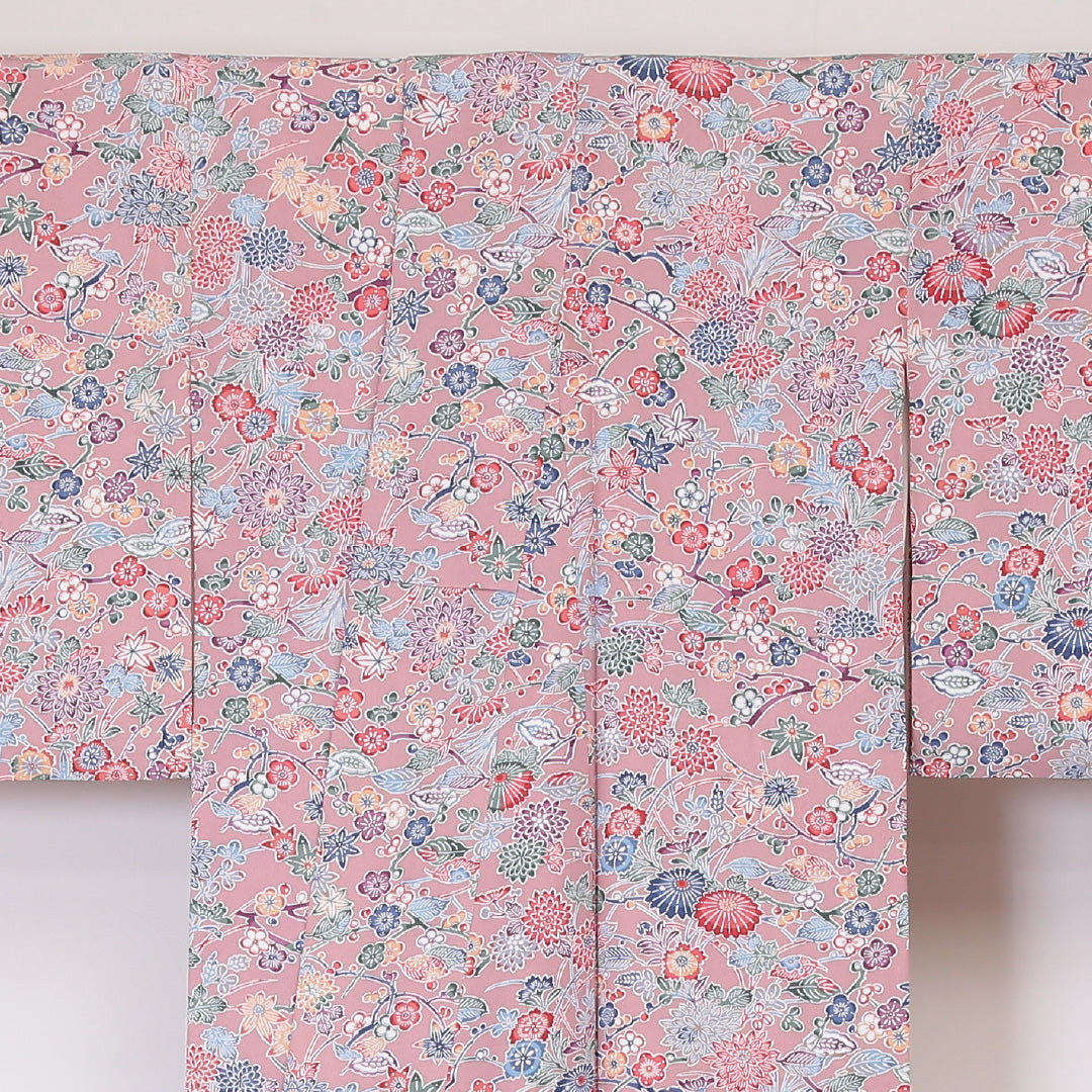 小紋 袷 身丈154cm 裄丈63cm 正絹 Aランク インフォーマル 広衿 Sサイズ 吉祥文様 ピンク系 RP 1221-02136