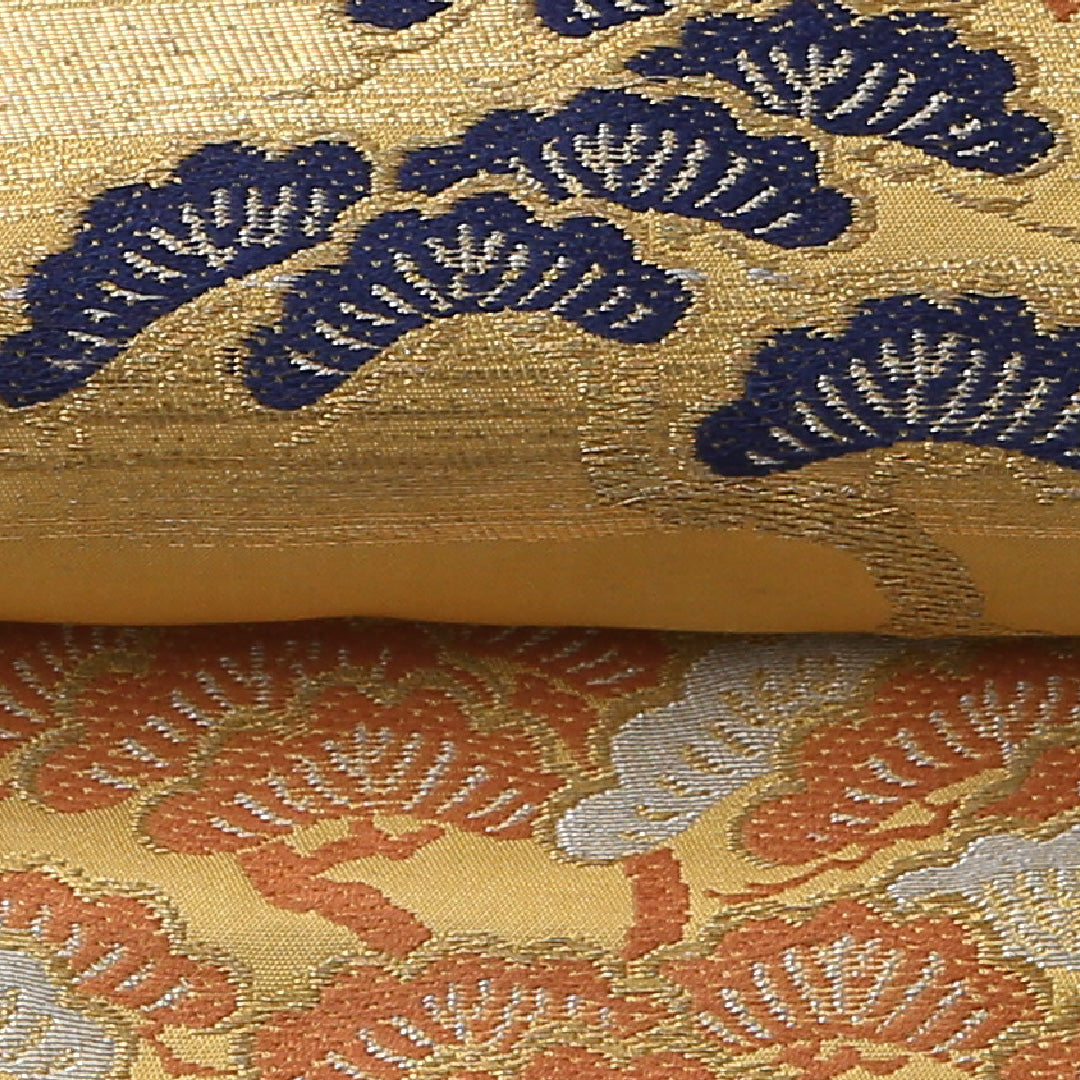 アンティーク 九寸名古屋帯 Aランク 帯丈337cm 正絹 六通 名古屋仕立て 帯芯なし 織り 松 黄系 RP 1245-02556