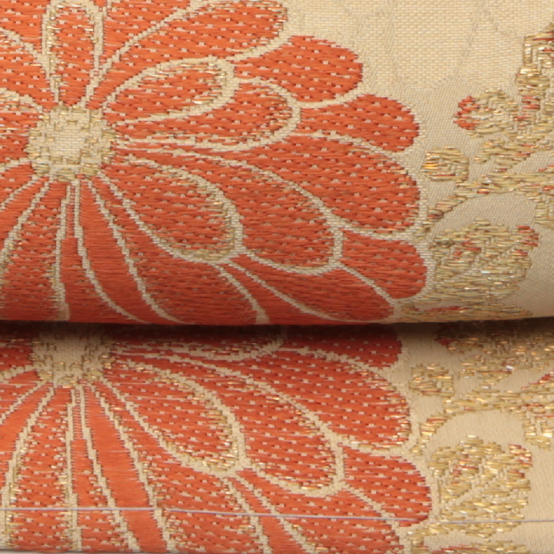 アンティーク 名古屋帯 帯丈339cm Cランク 名古屋仕立て ポイント柄 正絹 雪輪 菊 エ霞 セミフォーマル クリーム系 1224-01535