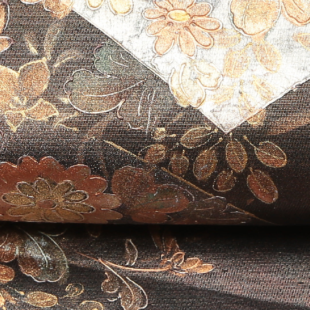 袋帯 帯丈436cm 六通 旭水 菊 作家物 友禅 フォーマル 落款 黒系 正絹 Aランク 1223-01196