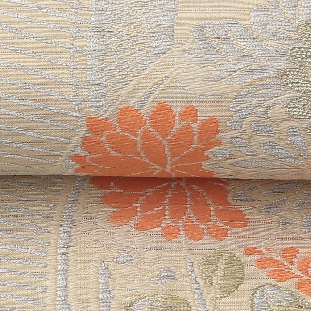アンティーク 夏物 丸帯 帯丈412cm 正絹 六通 帯端のみ未仕立て 帯芯なし 朝顔 クリーム系 1242-01482